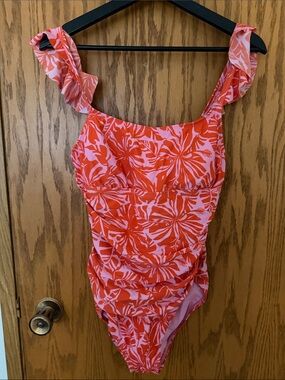 Swim 2 x $30! Ellen Tracy Pink & Red Floral Ruffle One-Piece Swimsuit